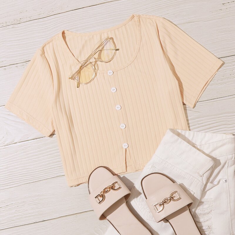 

Ribbed Button Front Tee, Beige