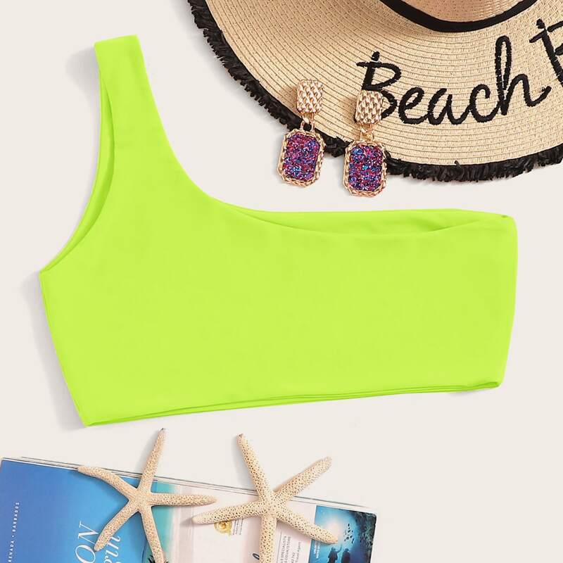 

Neon Yellow One Shoulder Bikini Top, Green bright