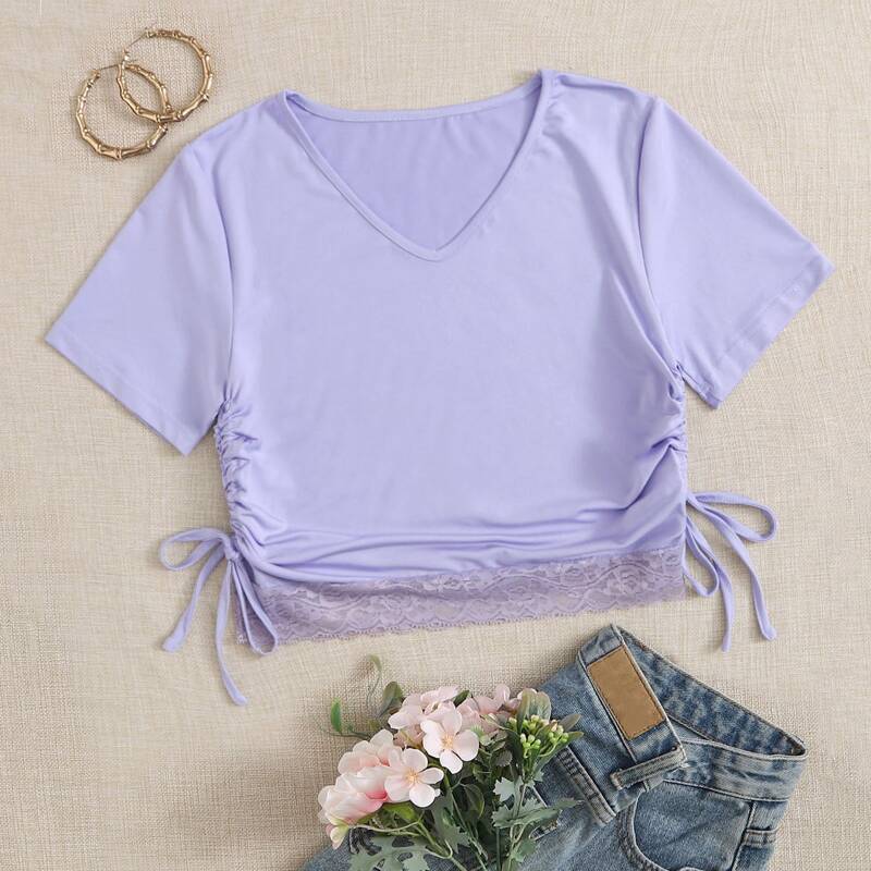 

Lace Detail Drawstring Purple Crop Top