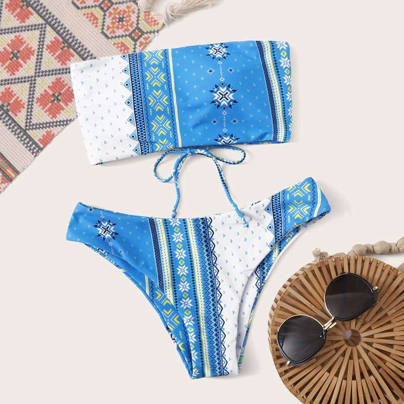 

Tribal Lace-up Back Bandeau Bikini Swimsuit, Blue
