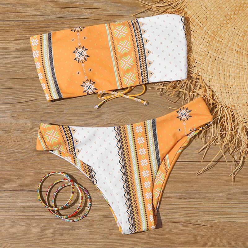 

Tribal Lace-up Back Bandeau Bikini Swimsuit, Orange