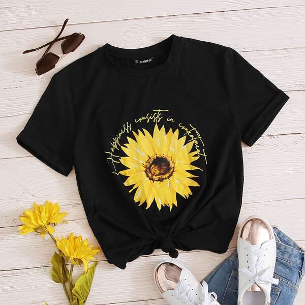 

Sunflower & Slogan Graphic Tee, Black