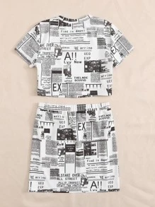 SHEIN Newspaper Print Crop Top & Slit Hem Skirt Set - Black and White - View 2
