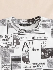 SHEIN Newspaper Print Crop Top & Slit Hem Skirt Set - Black and White - View 3