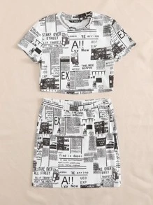 SHEIN Newspaper Print Crop Top & Slit Hem Skirt Set - Black and White - View 4