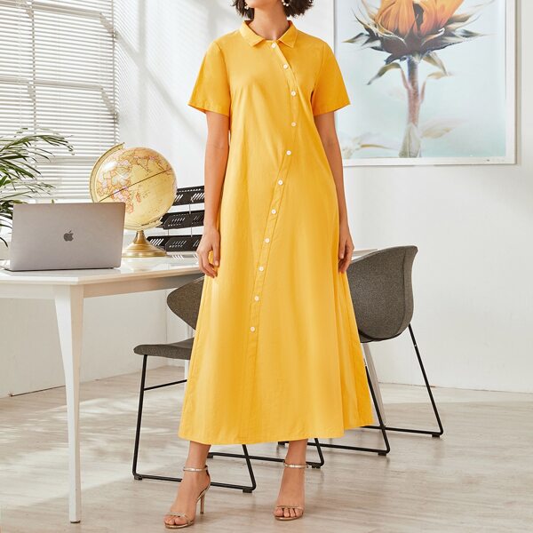 

Solid Button Front A-line Dress, Yellow