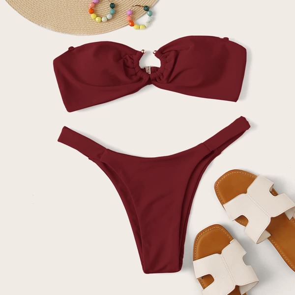 

Ring Linked Bandeau High Cut Bikini Swimsuit, Burgundy