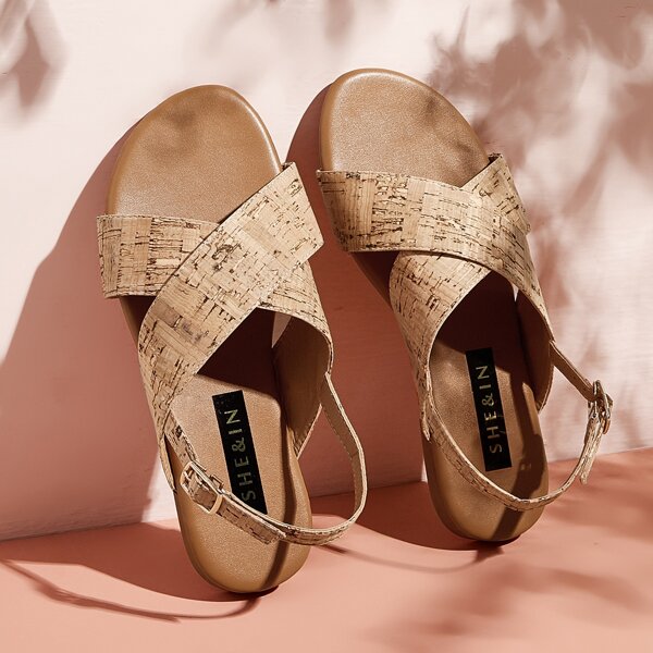 

Cross Strap Slingback Cork Sandals, Brown