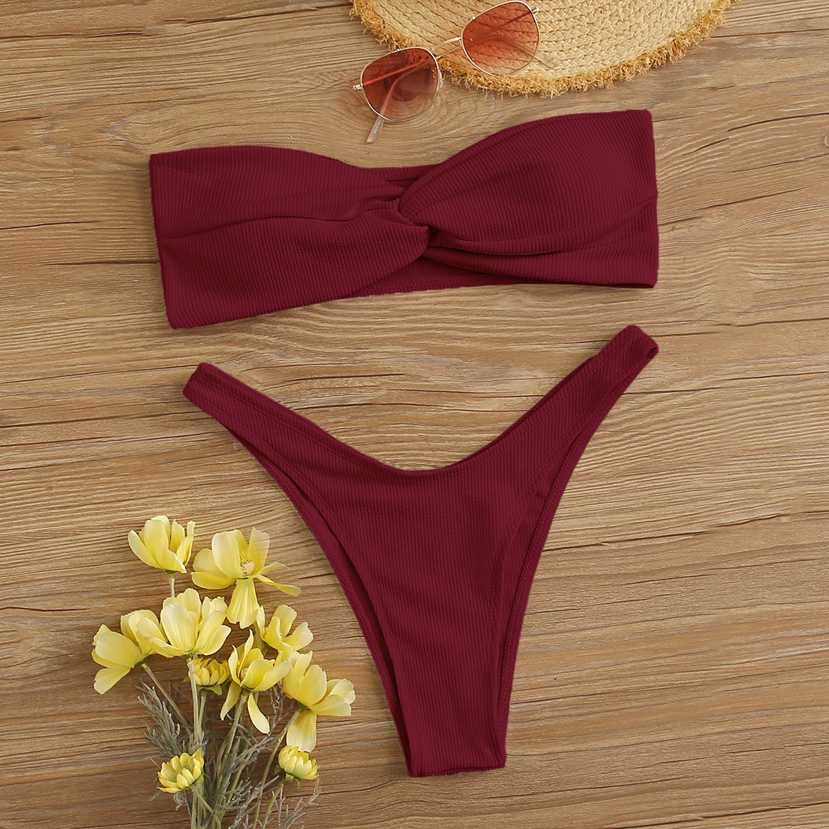 Rib Twist Bandeau High Leg Bikini Swimsuit thumbnail