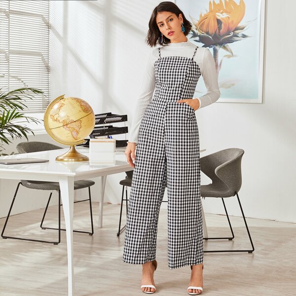 

Wide Leg Gingham Cami Jumpsuit, Black and white