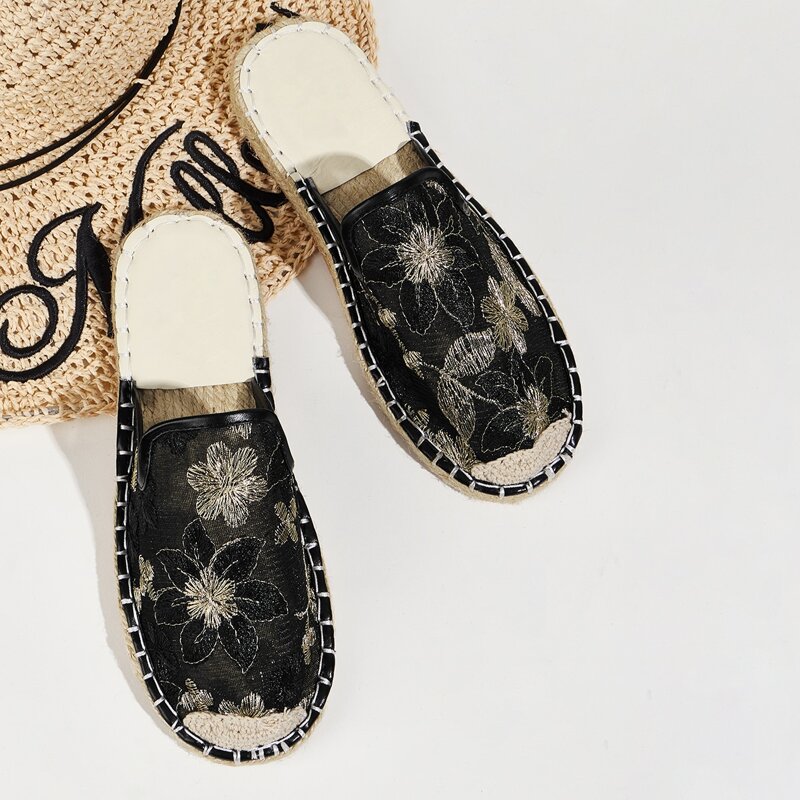 

Floral Graphic Espadrille Flat Mules, Black