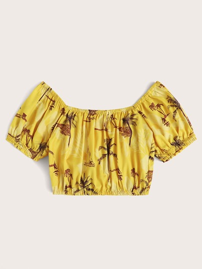 Tropical Print Crop Blouse