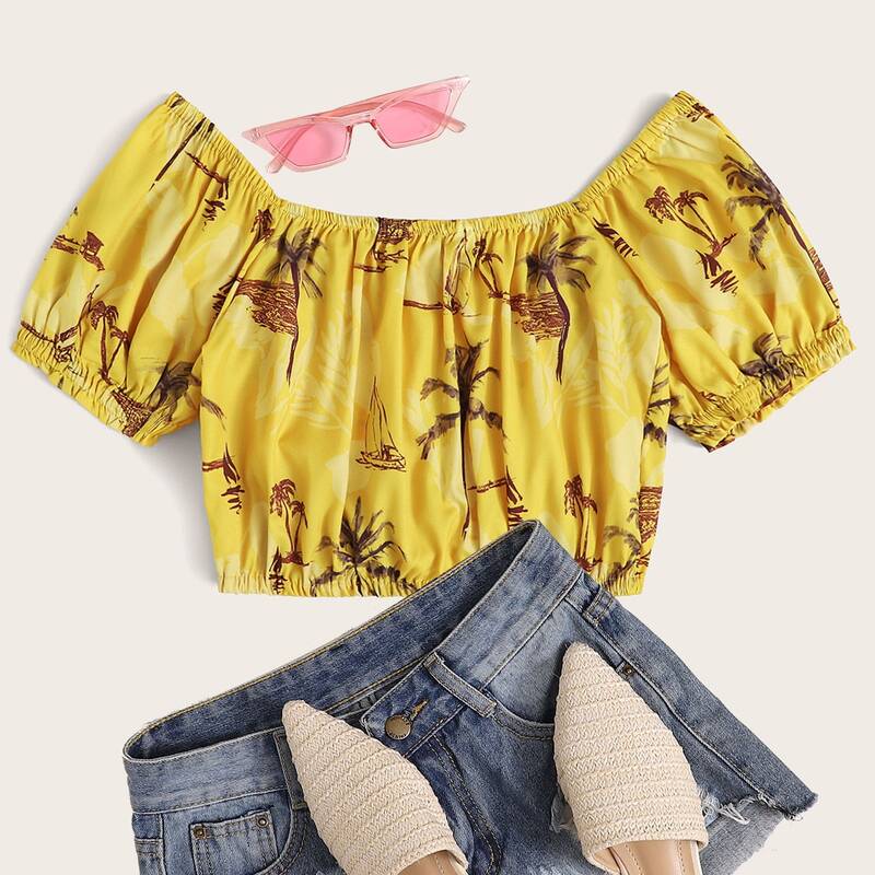 

Tropical Print Crop Blouse, Yellow