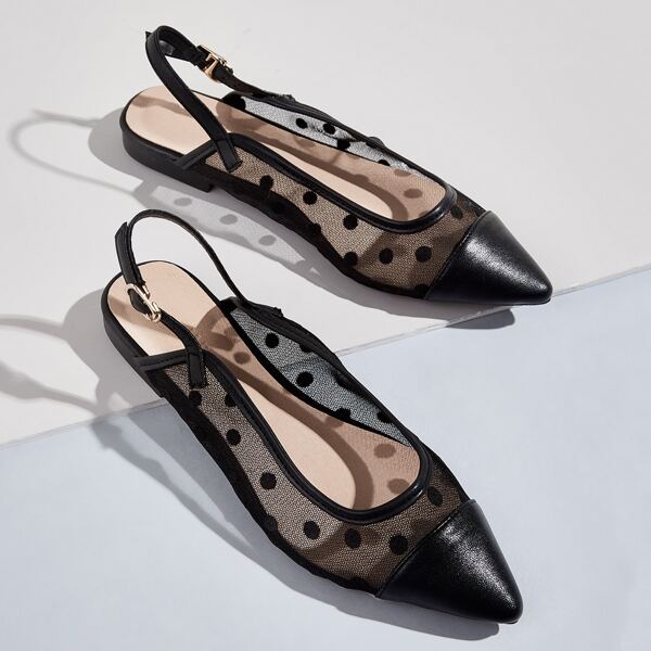 

Polka Dot Mesh Panel Slingback Flats, Black