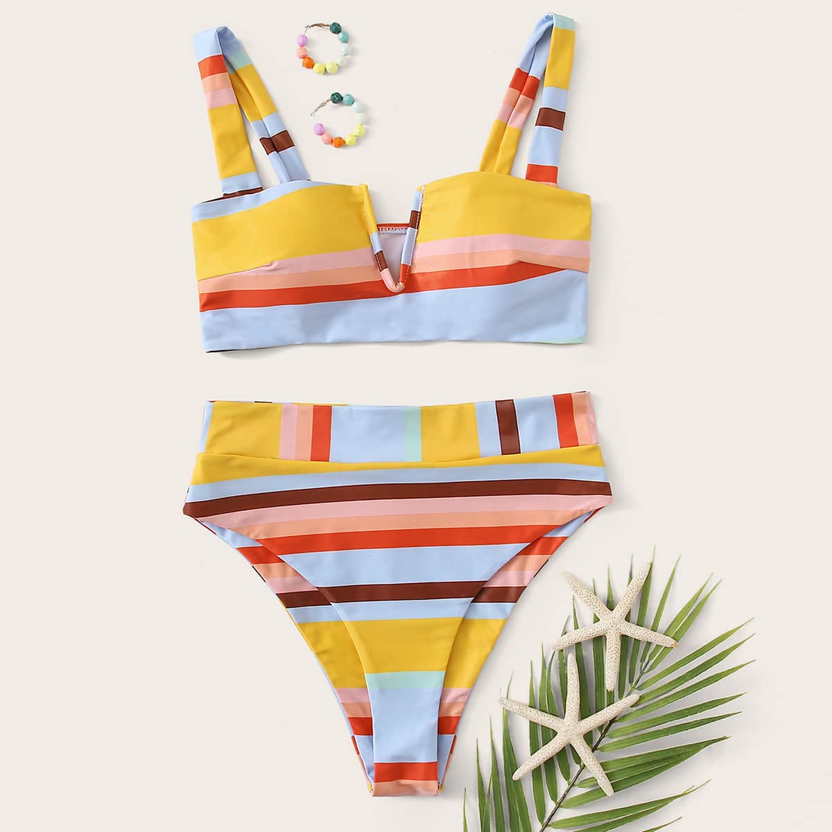 

Striped V Wired High Waisted Bikini Swimsuit, Multicolor
