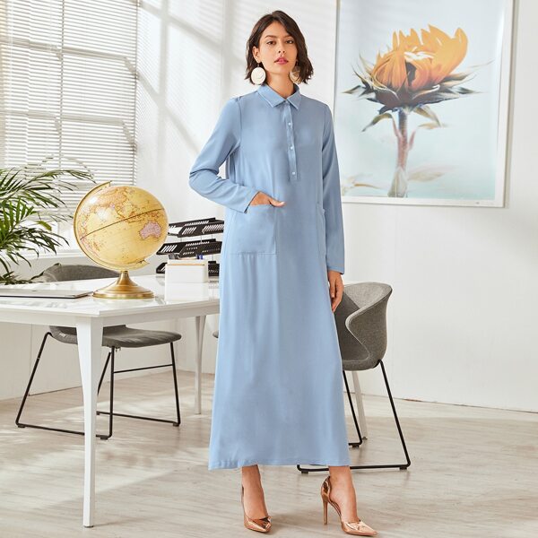 

Pocket Front Solid Shirt Dress, Blue