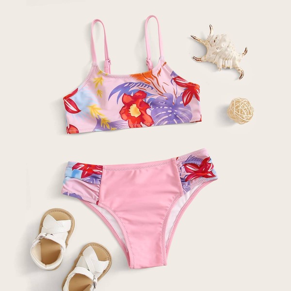 

Girls Tropical Ruched Detail Bikini Swimsuit, Pink