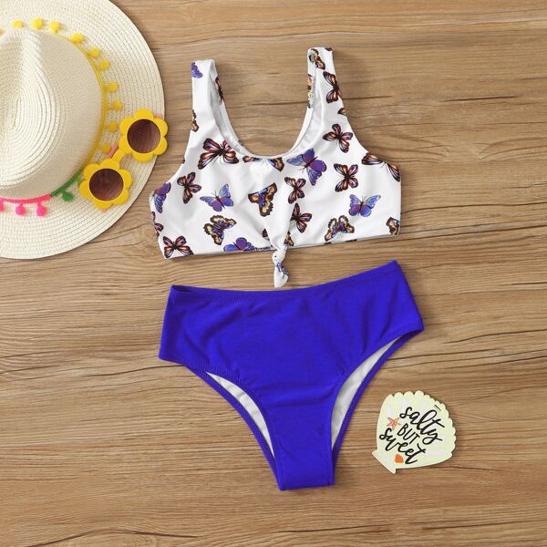 

Girls Butterfly Print Knot Front Bikini Swimsuit, Multicolor