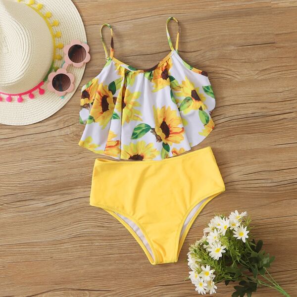 

Girls Sunflower Print Flounce Bikini Swimsuit, Multicolor