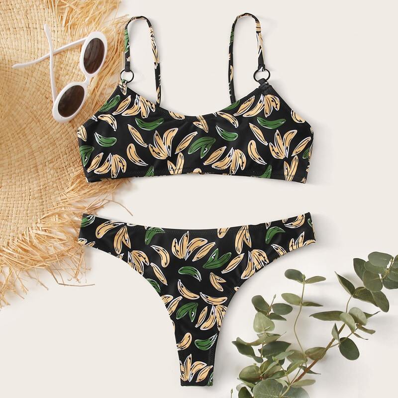 

Banana Print Ring Linked Bikini Swimsuit, Multicolor