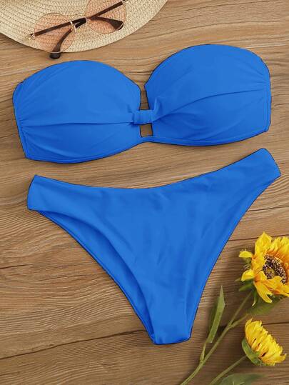 Ruched Knot Back Bandeau Bikini Swimsuit
