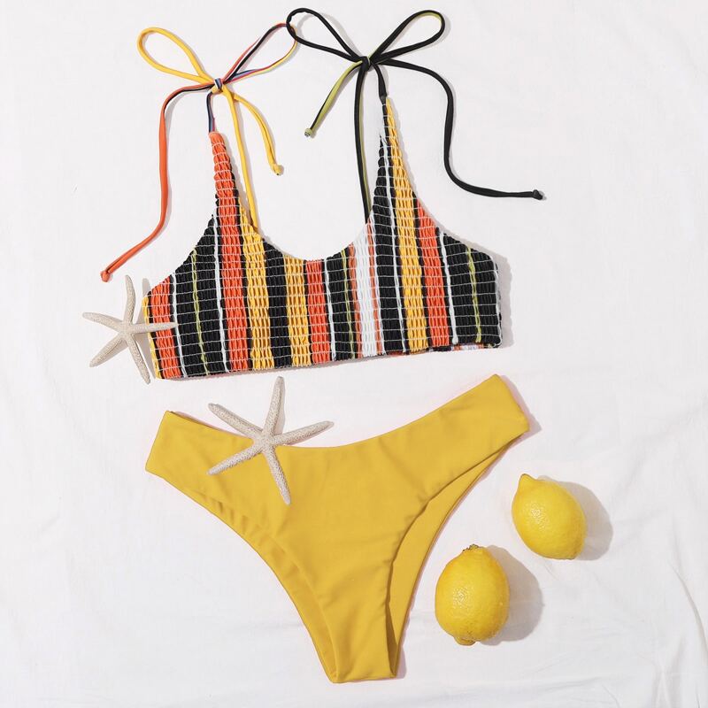 

Striped Smocked Tie Shoulder Bikini Swimsuit, Multicolor