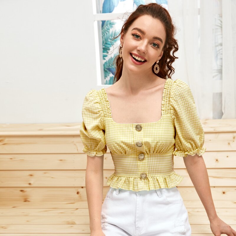 

Square Neck Button Front Gingham Milkmaid Top, Yellow