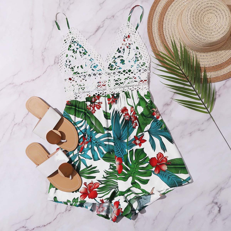

Tie Back Lace Bodice Tropical Print Cami Romper, Multicolor