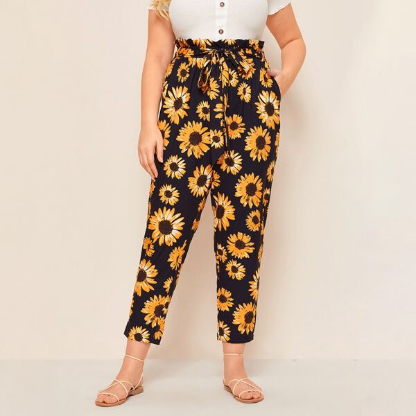 

Plus Paperbag Waist Sunflower Print Pants, Multicolor