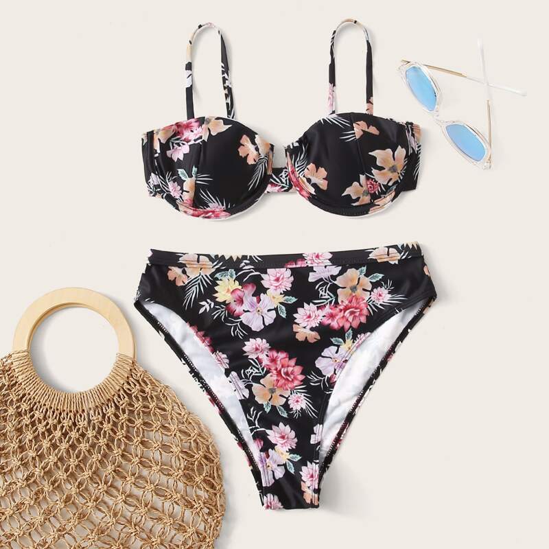 

Floral Push Up High Leg Bikini Swimsuit, Multicolor