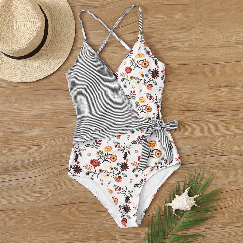 

Floral & Striped Wrap One Piece Swimsuit, Multicolor