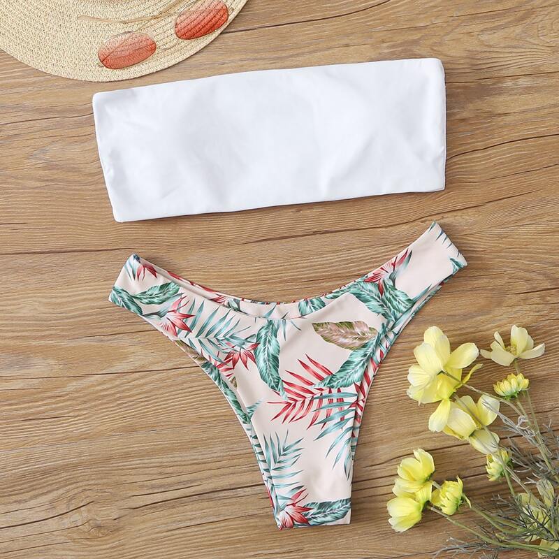 

Tropical Bandeau High Leg Bikini Swimsuit, Multicolor
