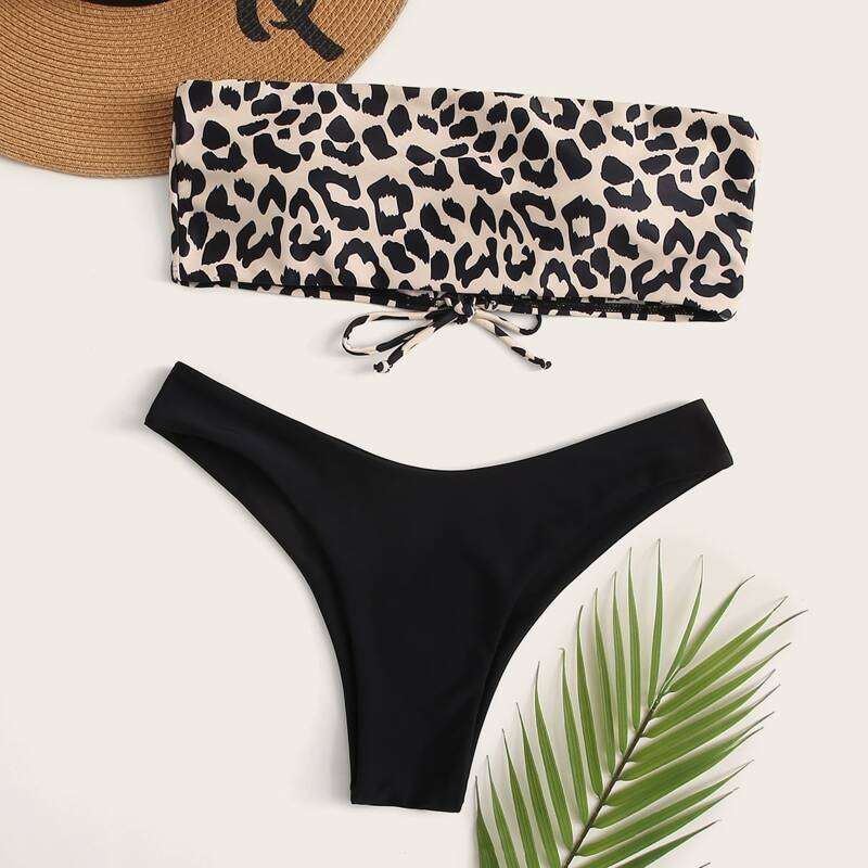 

Leopard Bandeau High Leg Bikini Swimsuit, Multicolor