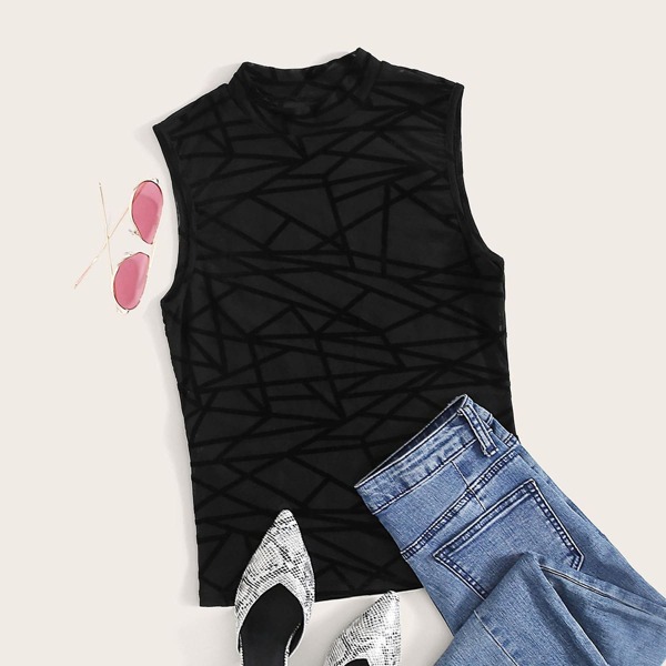 

Mock Neck Geo Mesh Tank Top, Black