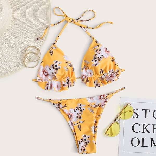 

Floral Halter Triangle Tanga Bikini Swimsuit, Yellow