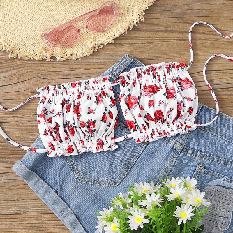 

Floral Ruched Bust Frill Bandeau Bikini Top, Multicolor
