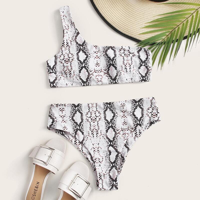 

Snakeskin One Shoulder High Waisted Bikini Swimsuit, Multicolor