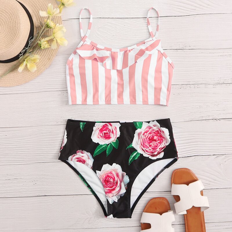 

Floral & Striped Ruffle Bikini Swimsuit, Multicolor