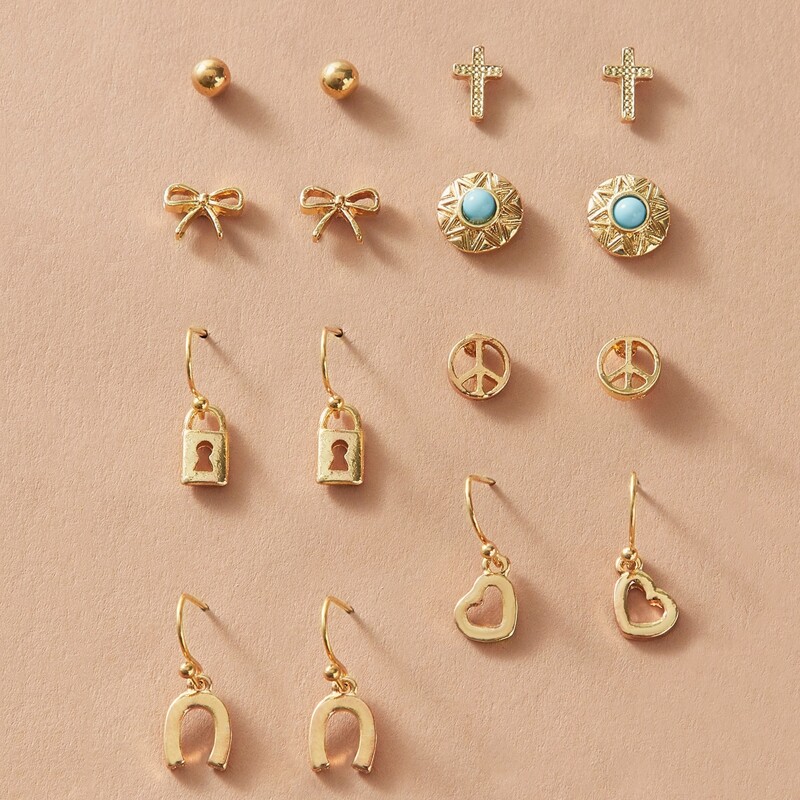 

8pairs Bow & Cross Design Earrings, Gold