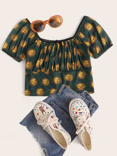 All Over Sun Print Ruched Bust Square Neck Blouse