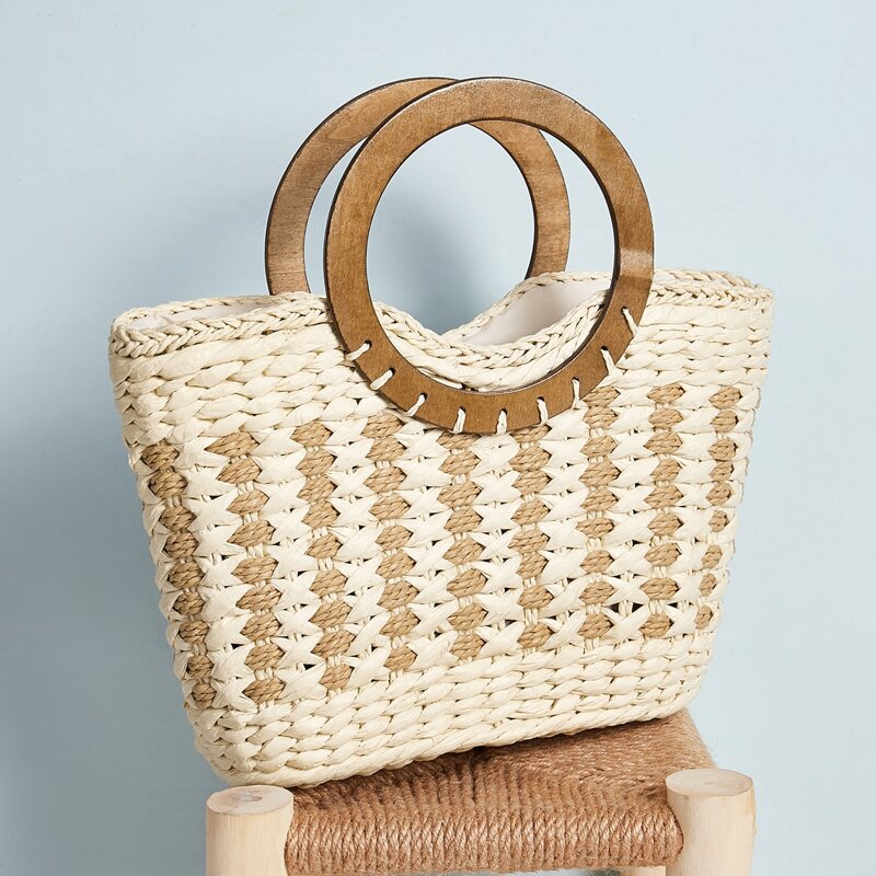 

Round Handle Woven Satchel Bag, Beige
