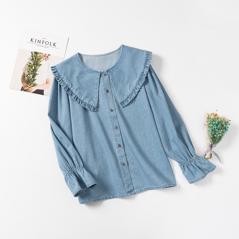

Exaggerate Peter Pan Collar Denim Shirt, Blue