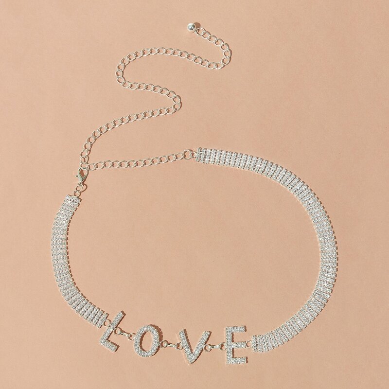

Rhinestone Decor Letter Chain Belt, Silver