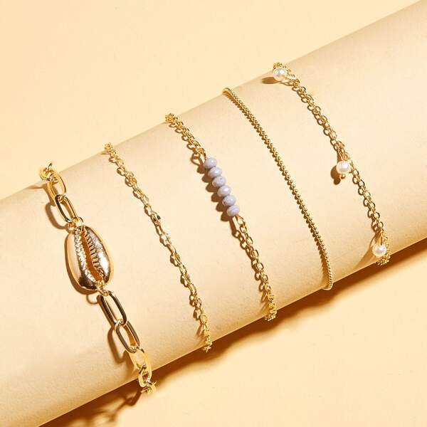 

5pcs Shell Decor Chain Bracelet, Gold