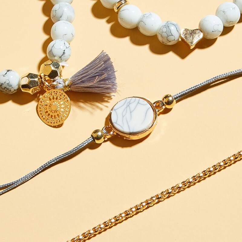 

4pcs Tassel Charm Marble Pattern Beaded Bracelet, Multicolor
