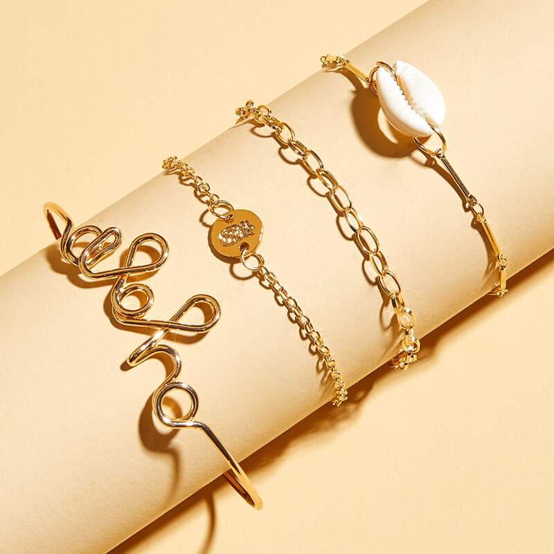 4pcs Letter & Shell Decor Bracelet, Gold