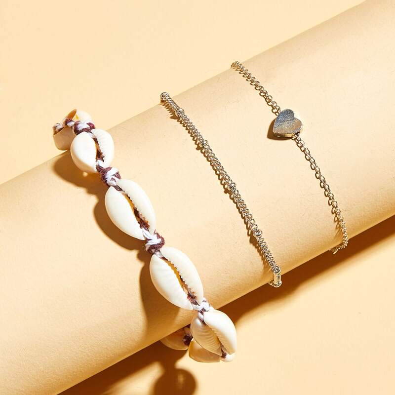 

3pcs Shell & Heart Decor Anklet, Multicolor
