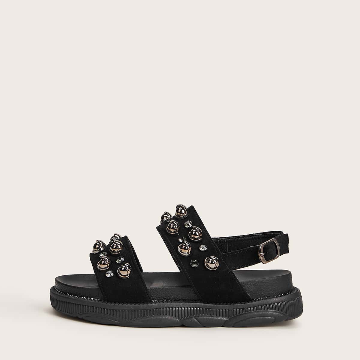 

Rhinestone & Studded Decor Slingback Sandals, Black