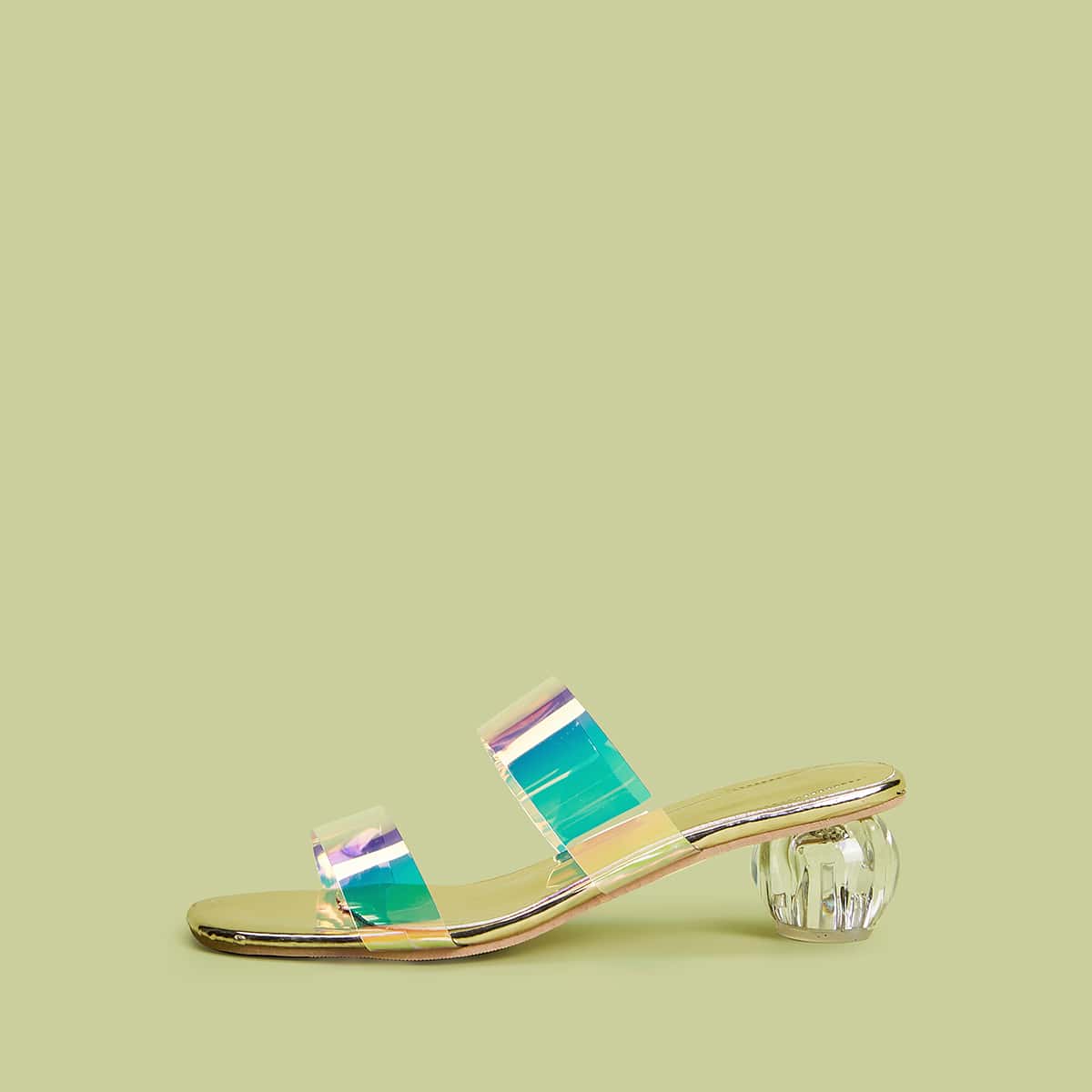 

Holographic Double Strap Heeled Mules, Multicolor