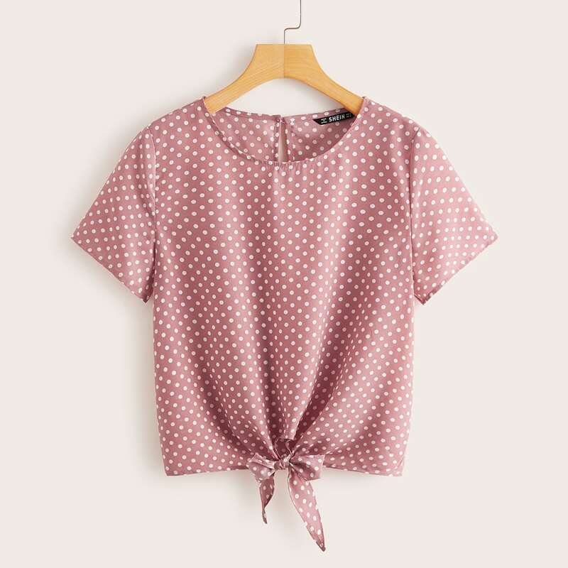 

Knotted Hem Polka-dot Print Top, Pink